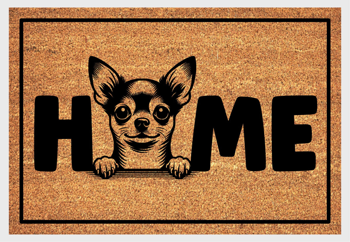 Chihuahua Chi Welcome Mat coir doormat — close-up of Chihuahua illustration replacing the letter O in HOME on natural coir
