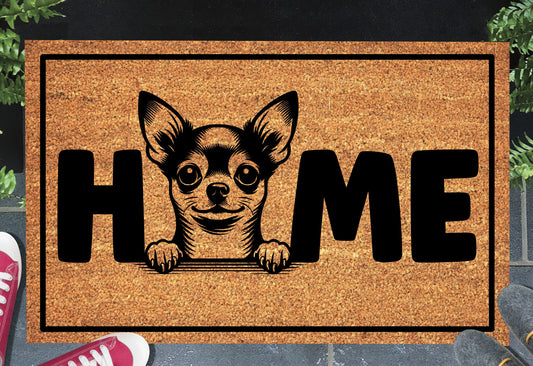  Chihuahua Chi Welcome Mat coir doormat — natural coir fiber, non-slip rubber backing, flat lay on white background