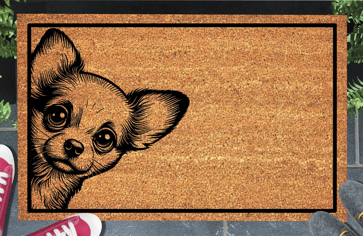 Chihuahua peeking coir doormat — natural coir fiber, non-slip rubber backing, flat lay on white background