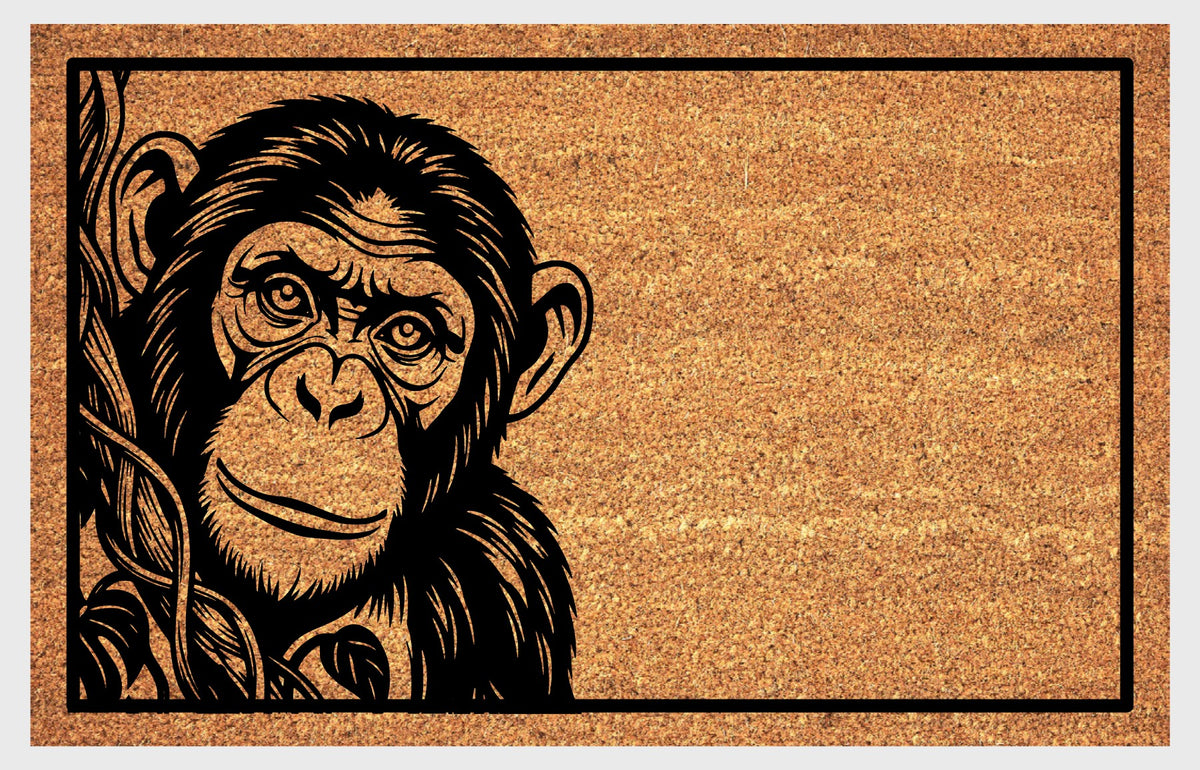 Chimpanzee Peeking coir doormat #1, front view of the expressive chimp portrait and leafy vine on natural coir