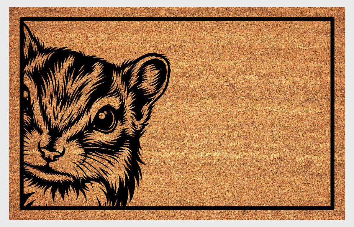 Chipmunk Peeking coir doormat #2, front view of the Chippy portrait with rounded ears, bright eyes and fine whiskers on natural coir