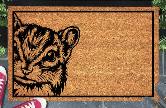 Chipmunk Peeking coir doormat #2 with a detailed Chippy portrait at the left edge and black rectangular border, shown on a doorstep