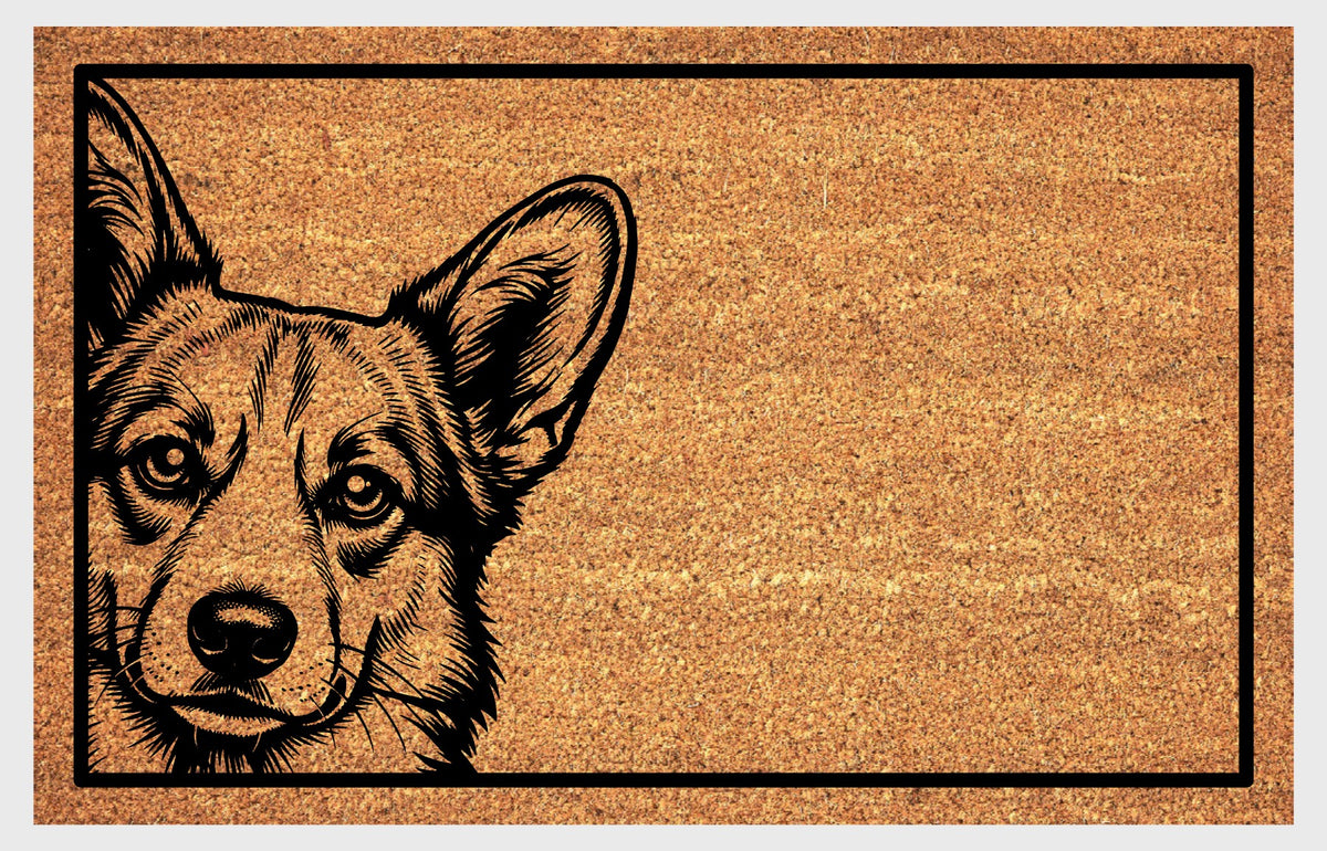 Corgi Peeking Doormat #1, front view of a Pembroke Welsh Corgi illustration with upright ears and expressive eyes inside a black rectangular border.