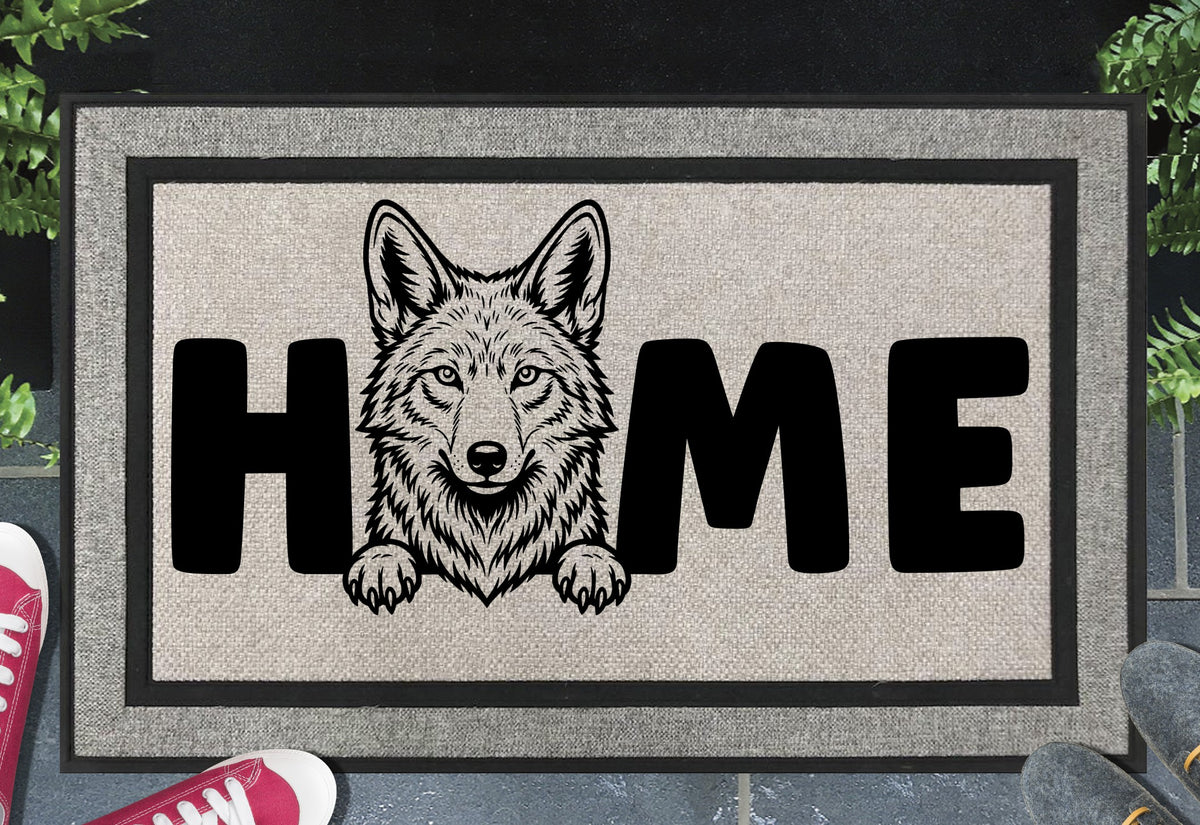 Coyote all-weather doormat #3 with HOME design — woven polyester, 18x30, non-slip backing, UV-resistant inks