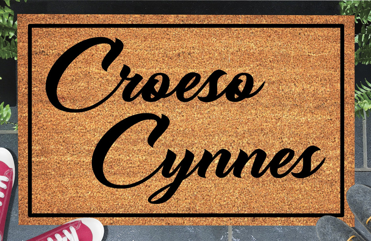 Croeso Cynnes coir doormat — Welsh warm welcome mat in bold lettering, natural coconut fiber, non-slip rubber backing