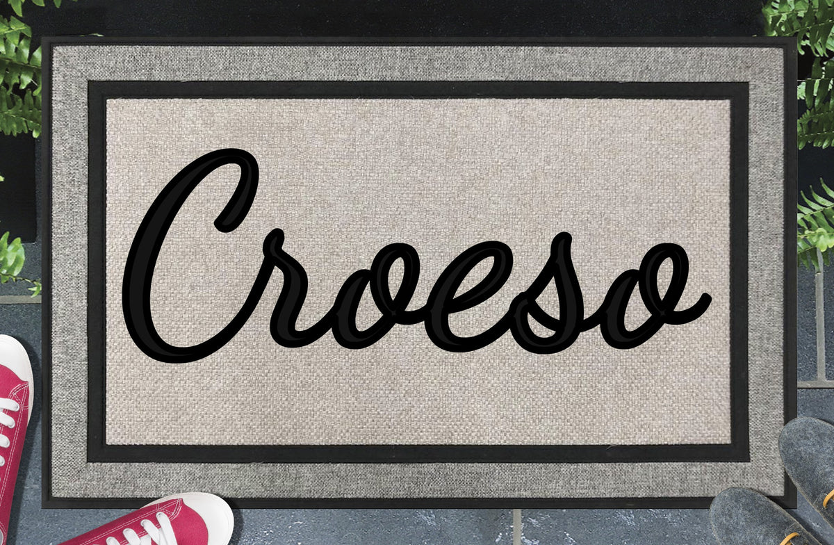 Croeso Doormat #3 — Welsh welcome mat in bold lettering, natural coir fiber, non-slip rubber backing