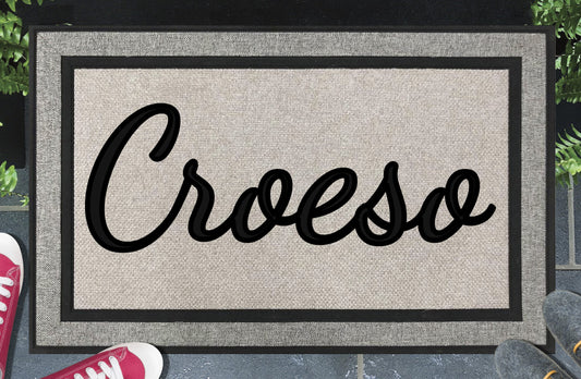 Croeso Doormat #3 — Welsh welcome mat in bold lettering, natural coir fiber, non-slip rubber backing