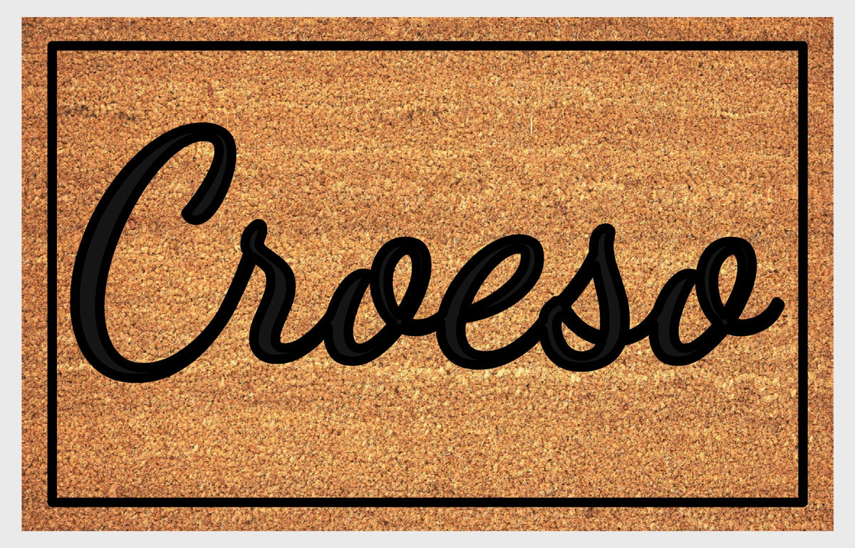 Close-up of Croeso Welsh doormat #3 showing natural coir fiber texture and lettering detail