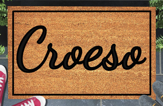 Welsh welcome mat in bold lettering, natural coir fiber, non-slip rubber backing