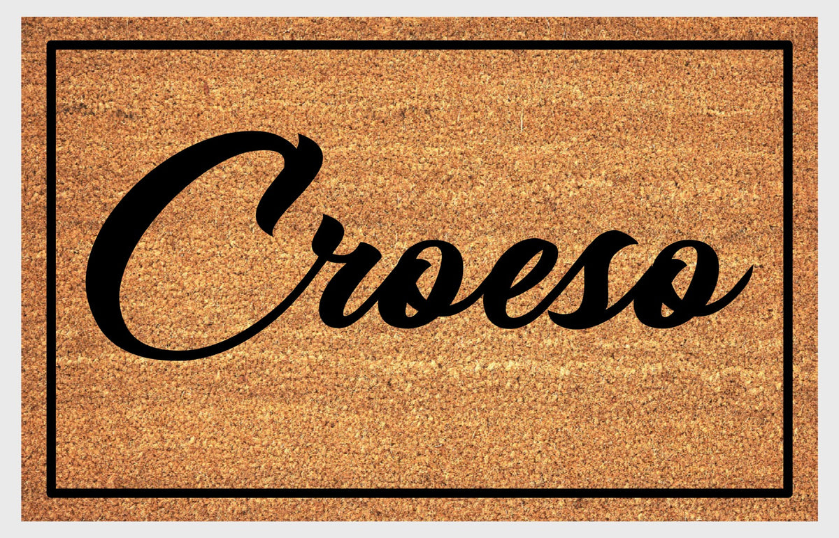Croeso coir doormat — Welsh welcome mat in bold lettering, natural coconut fiber, non-slip rubber backing