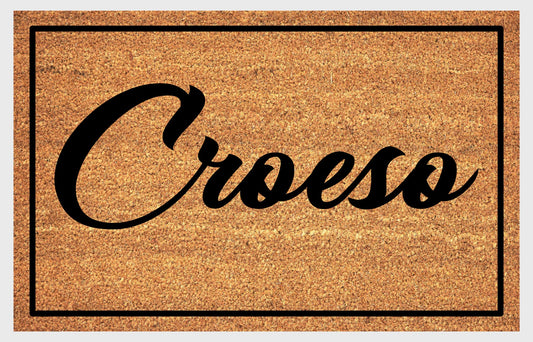 Croeso coir doormat — Welsh welcome mat in bold lettering, natural coconut fiber, non-slip rubber backing
