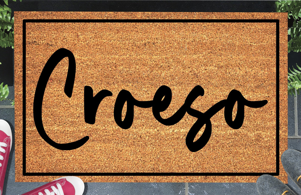 Croeso welcome mat in bold lettering, natural coir fiber, non-slip rubber backing