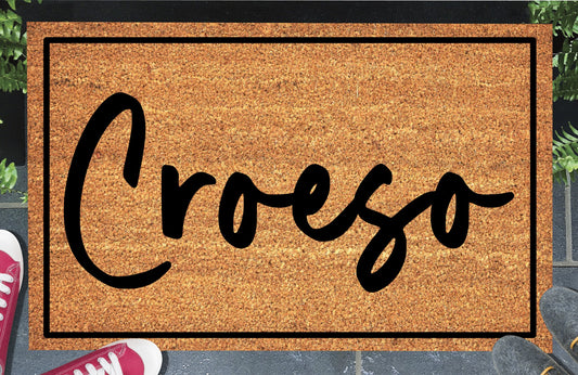 Croeso welcome mat in bold lettering, natural coir fiber, non-slip rubber backing