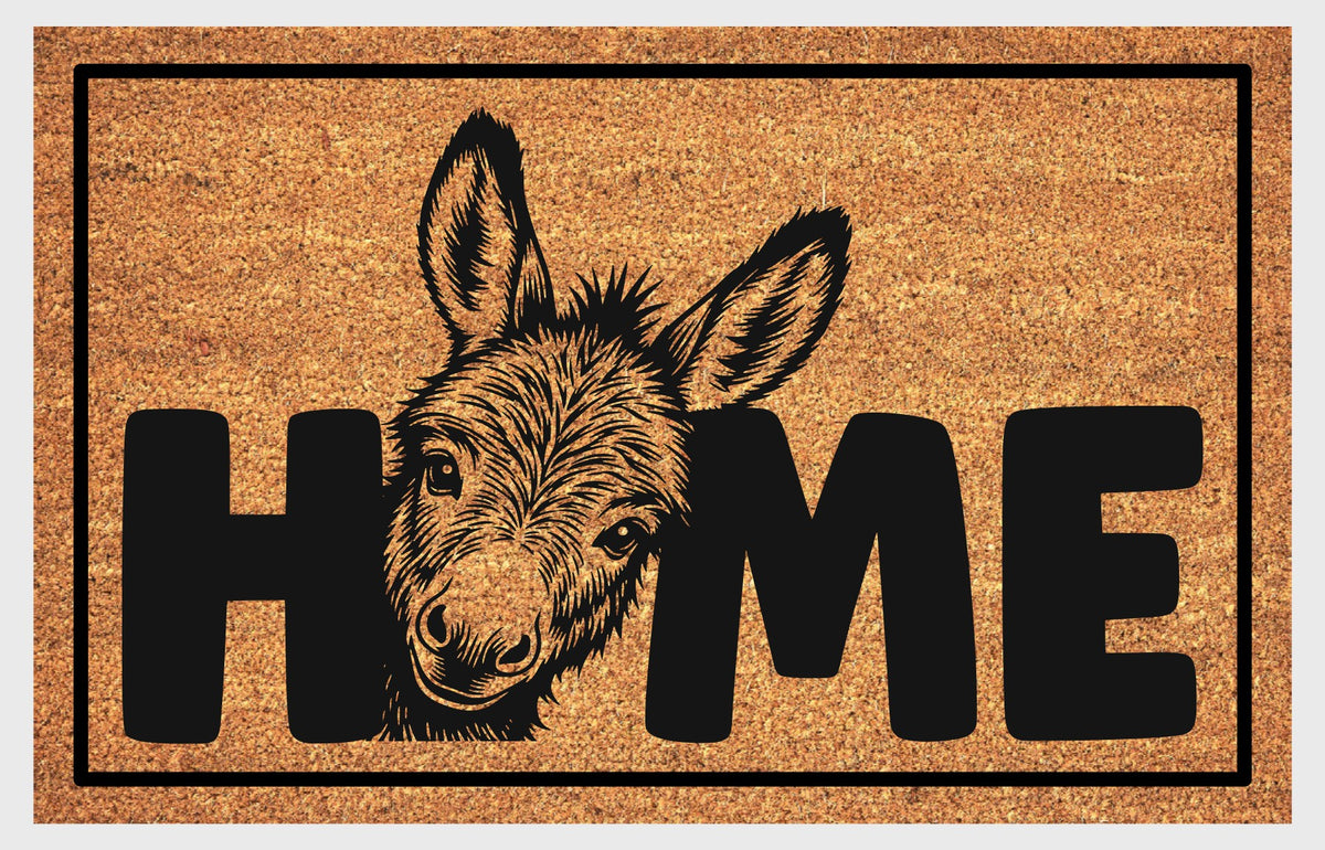 Donkey Doormat #2 Jackass coir doormat — close-up of donkey face peeking through the letter O in HOME on natural coir