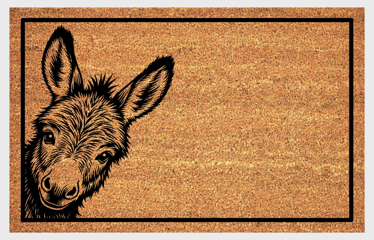 Donkey Peeking Doormat #1 coir doormat — close-up of Donkey peeking in from the side edge on natural coir