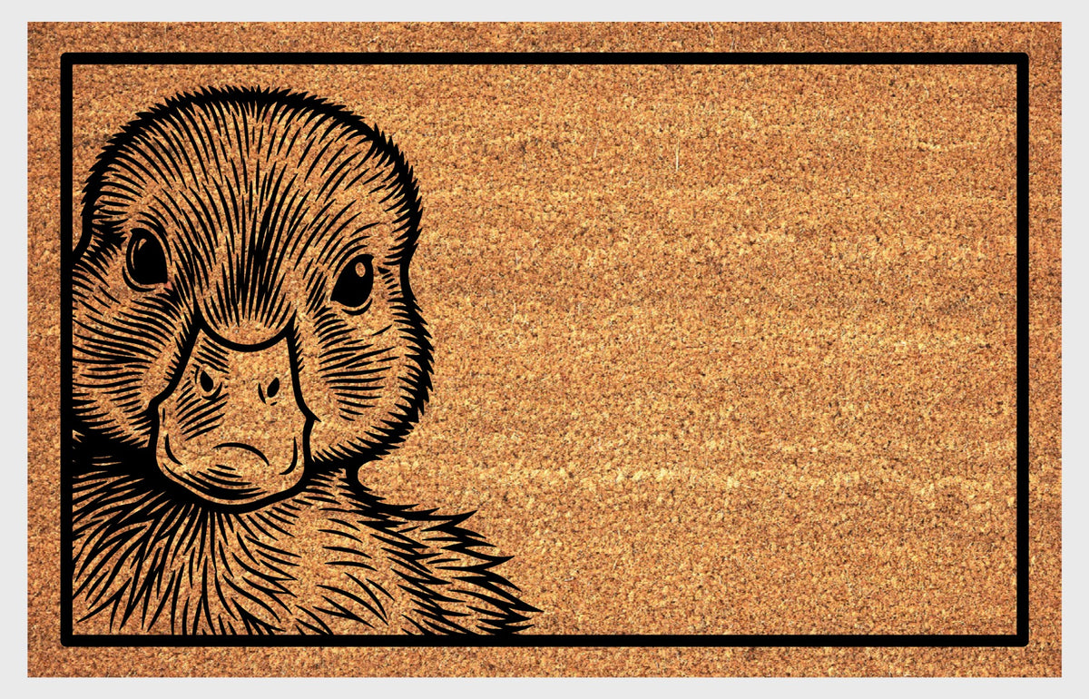 Close-up of a natural coir doormat featuring a fluffy Duck peeking from the left edge, with dark eyes and a broad bill.