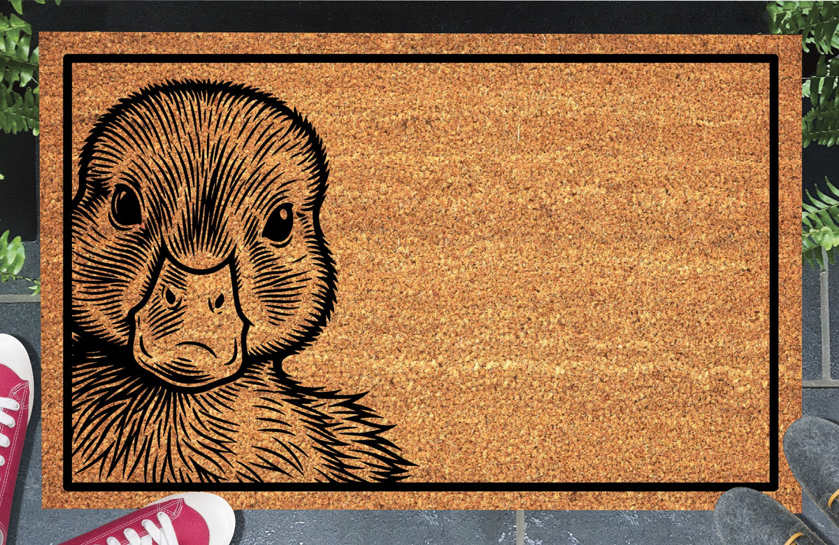 Fluffy Duck peeking from the left edge of a natural coir doormat with a black rectangular border, shown at an entryway.