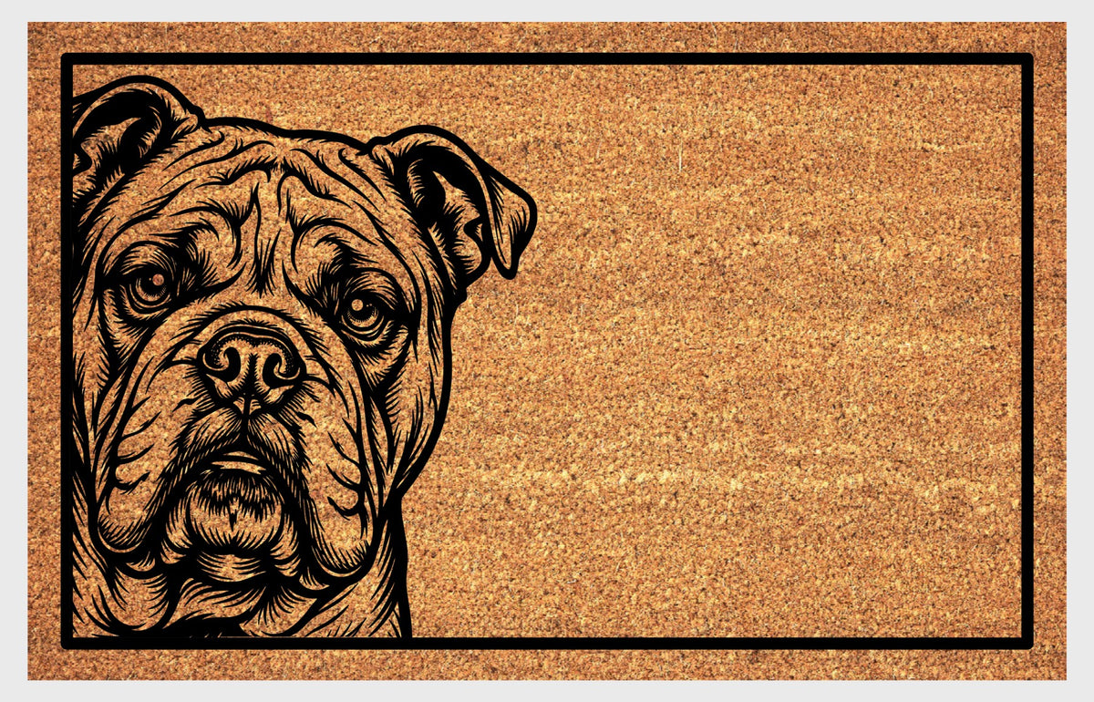 English Bulldog Peeking Doormat #1, front view of a wrinkled Bulldog face with folded ears and expressive eyes inside a black rectangular border.