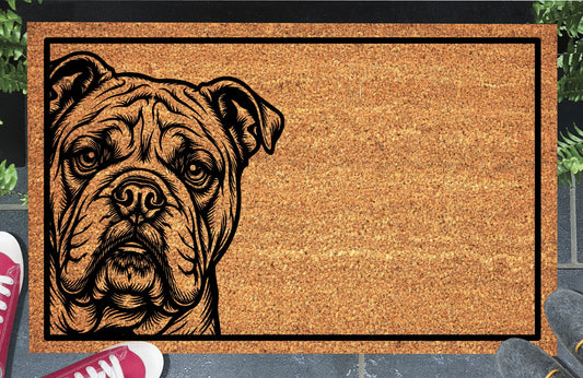 English Bulldog Peeking Doormat #1, British Bulldog portrait peeking from the left edge inside a black border on natural coir, styled at an entryway.