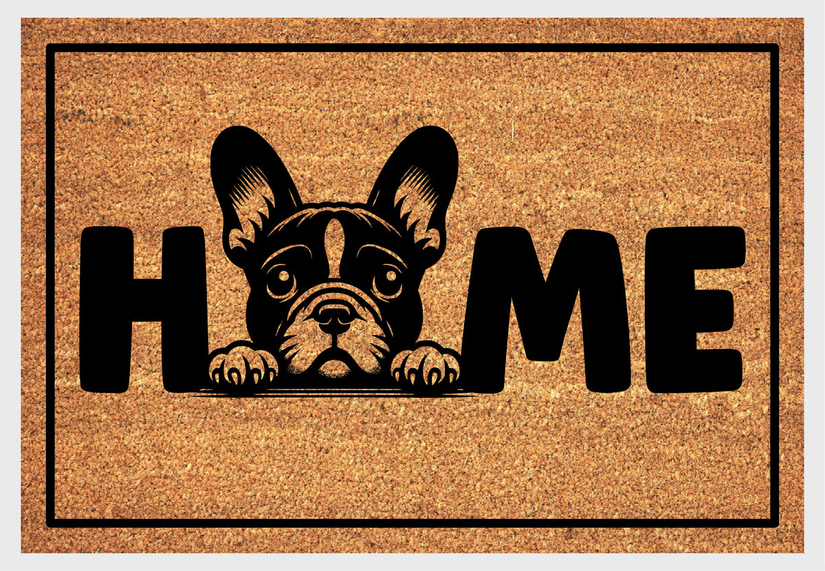 French Bulldog Doormat #1 Frenchie Welcome Mat coir doormat — close-up of French Bulldog illustration replacing the letter O in HOME on natural coir