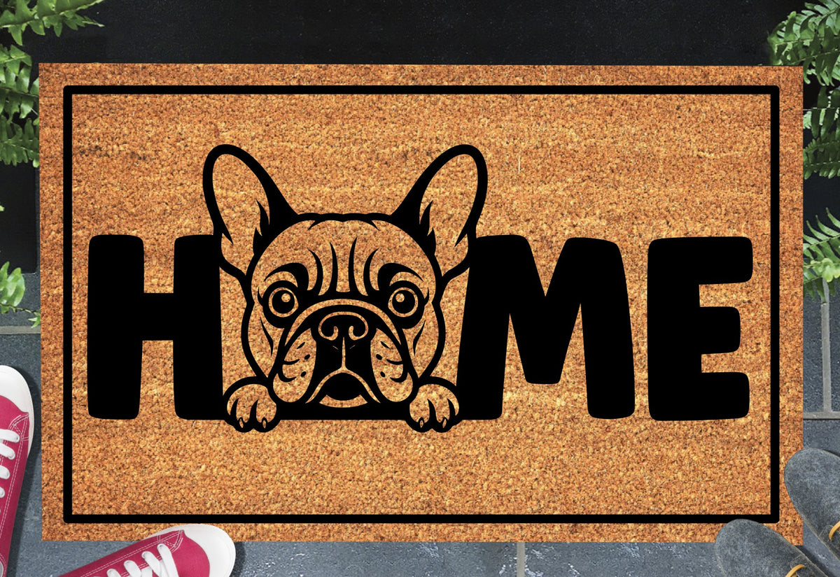 French Bulldog Doormat #3 Bouledogue Français Welcome Mat coir doormat — French Bulldog illustration replacing the letter O in HOME, natural coir fiber, non-slip rubber backing, flat lay on dark background