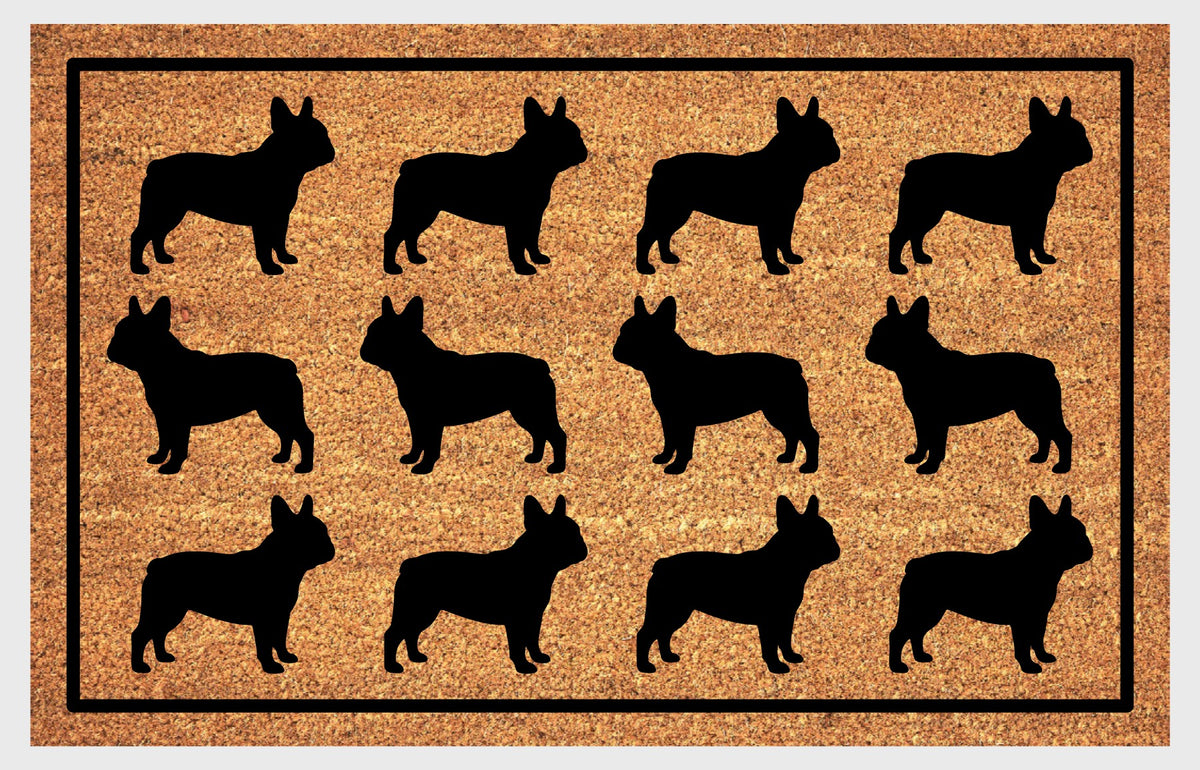 French Bulldog Parade coir doormat 
French Bulldog Parade coir doormat — rows of Frenchie silhouettes in a repeating pattern on a natural coir mat with black border