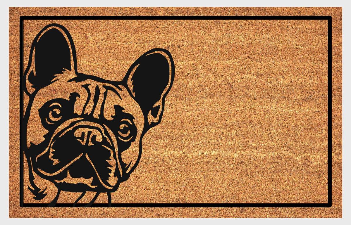 French Bulldog Peeking Doormat #1 Peeking French Bulldog Welcome Mat coir doormat — close-up of French Bulldog face peeking in from the left edge on natural coir