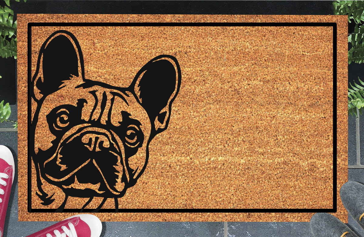 French Bulldog Peeking Doormat #1 Peeking French Bulldog Welcome Mat coir doormat — French Bulldog face peeking in from the left edge of the mat, natural coir fiber, non-slip rubber backing, plain background