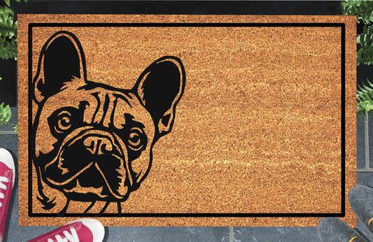 French Bulldog Peeking Doormat #1 Peeking French Bulldog Welcome Mat coir doormat — French Bulldog face peeking in from the left edge of the mat, natural coir fiber, non-slip rubber backing, plain background