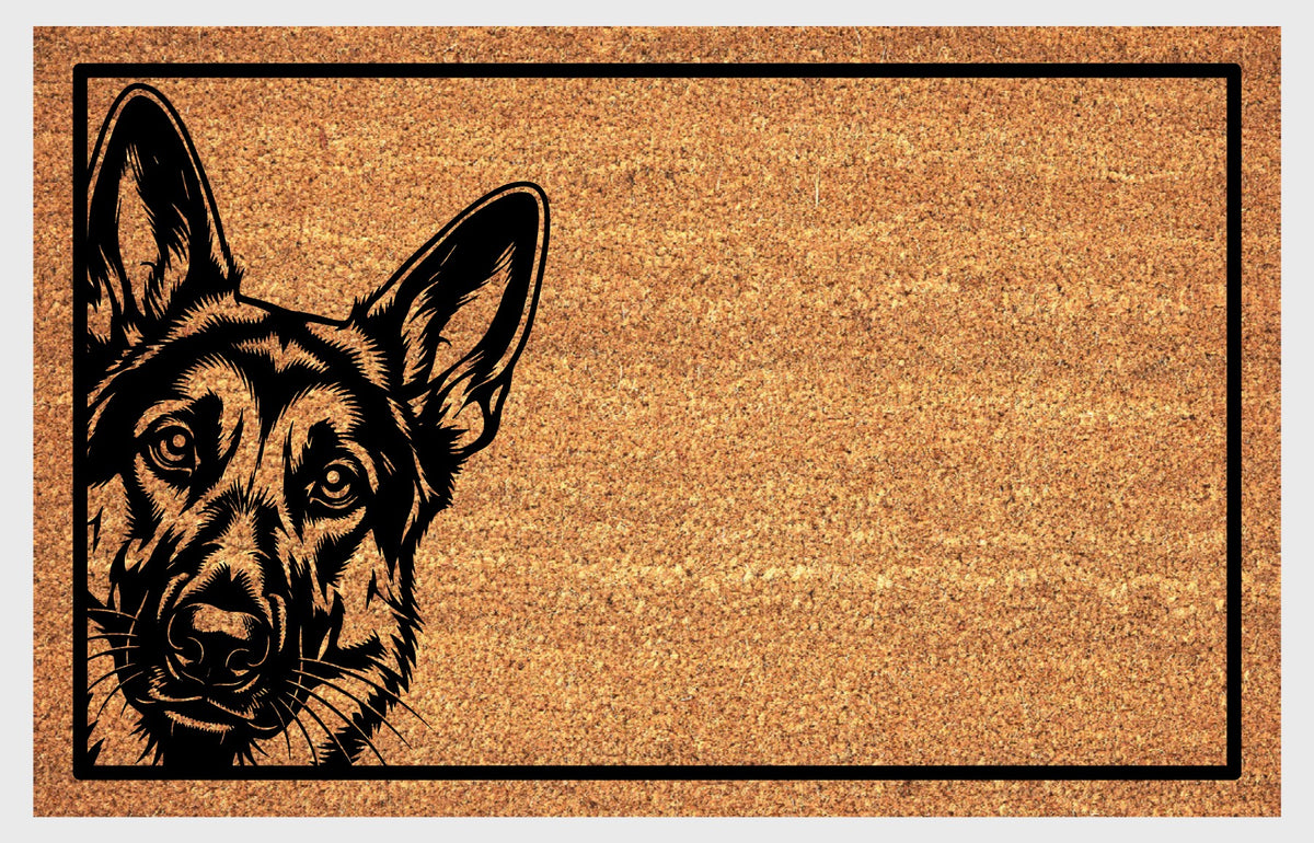 German Shepherd Peeking Doormat #1, front view of a GSD illustration with upright ears, expressive eyes and a long muzzle inside a black rectangular border.