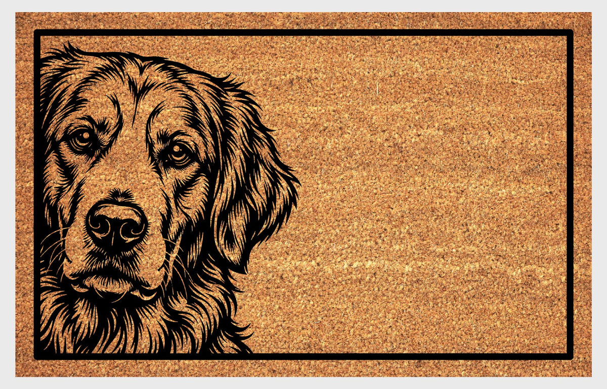 Golden Retriever Peeking Doormat #1, front view of a Golden Retriever illustration with expressive eyes, soft drop ears and flowing neck fur inside a black rectangular border.