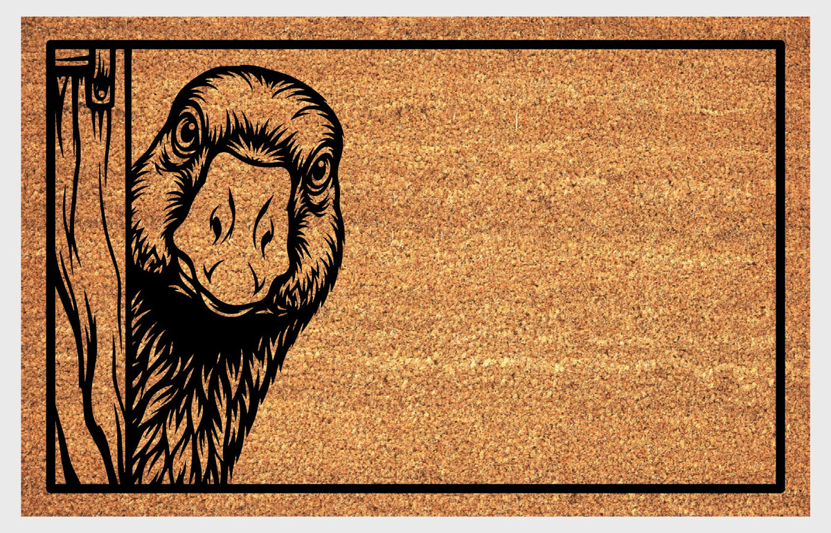 Goose Peeking Doormat #1, front view of a goose illustration with expressive eyes and a broad bill peeking around a wooden door inside a black rectangular border.