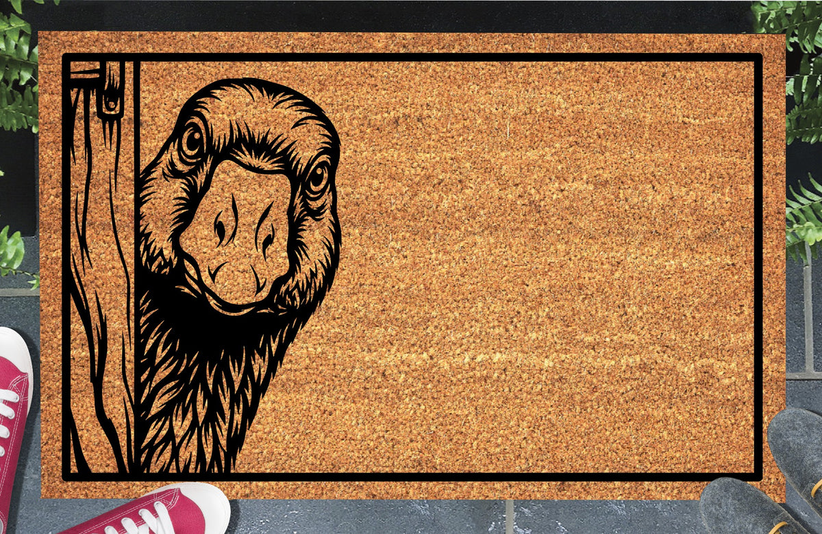 Goose Peeking Doormat #1, curious goose peeking around a wooden door inside a black border on natural coir, styled at an entryway.