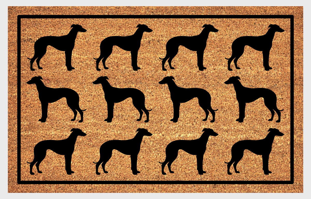 Greyhound Parade Doormat #1 coir doormat — close-up of repeating Greyhound silhouettes on natural coir