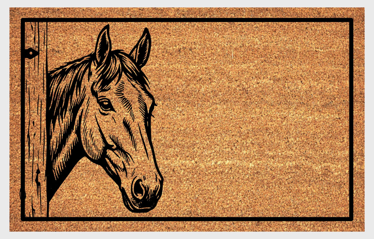 Close-up of an Irish Sport Horse peeking natural coir doormat, showing its detailed face, upright ears, swept forelock and wooden stable door and hinge.