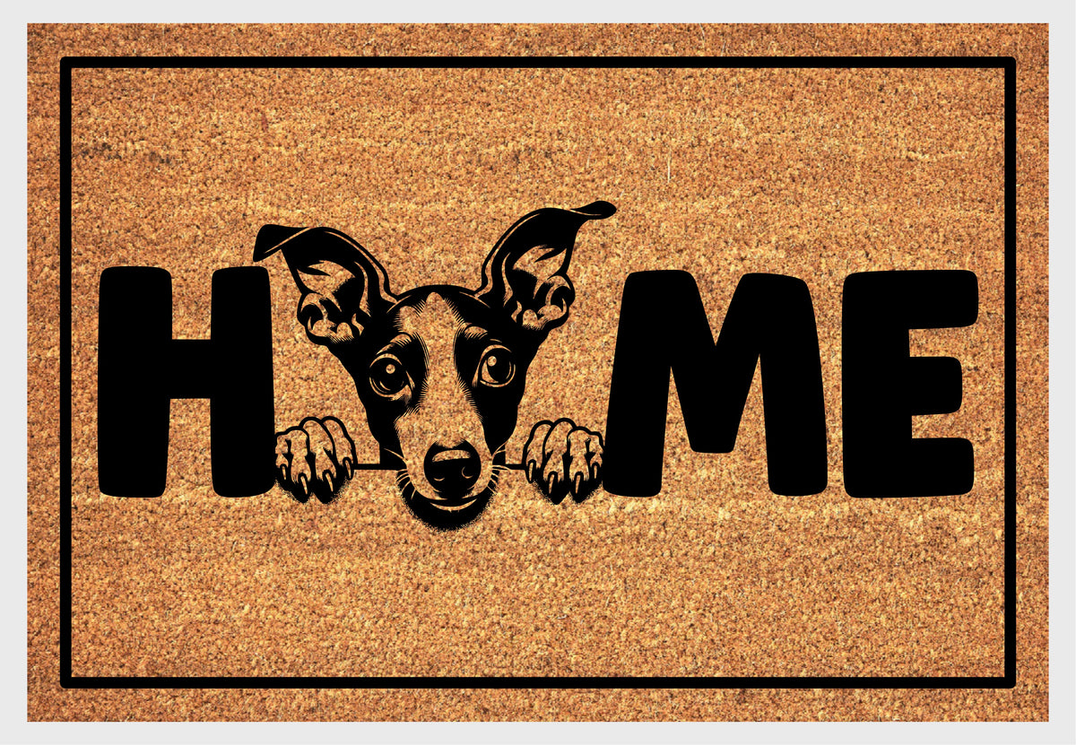 Italian Greyhound doormat placed at front door entryway, coir natural fiber welcome mat with Iggy HOME design