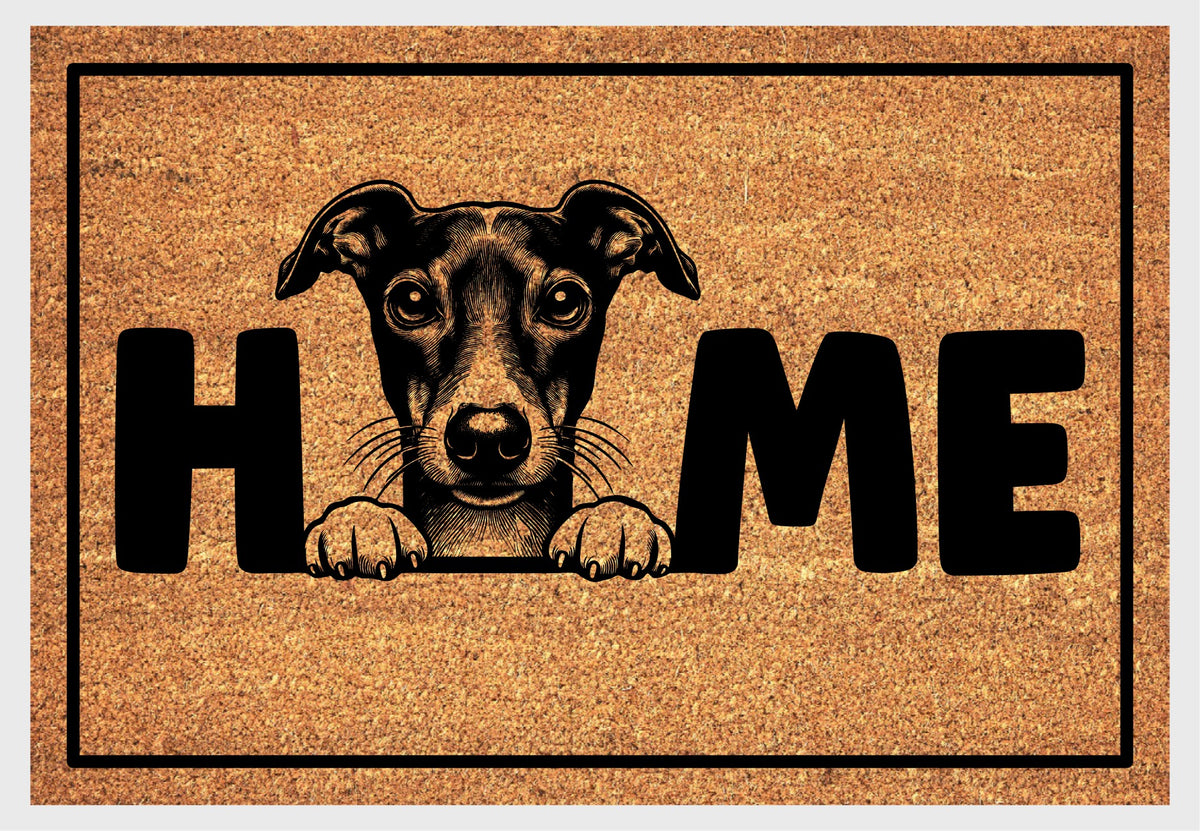 Italian Greyhound doormat #3 placed at front door entryway, coir natural fiber welcome mat with Pocket Greyhound HOME design