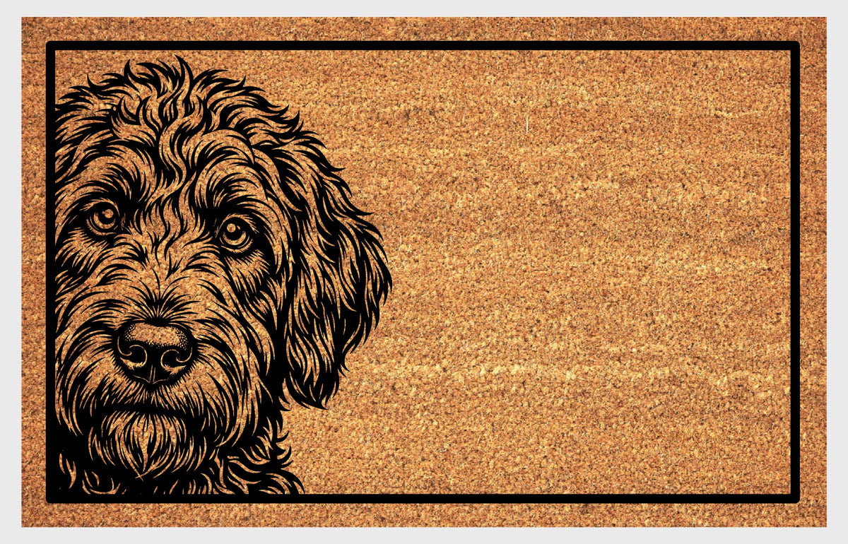 Labradoodle Peeking Doormat #1, close-up of expressive eyes, floppy ears and a detailed wavy coat on natural coir.