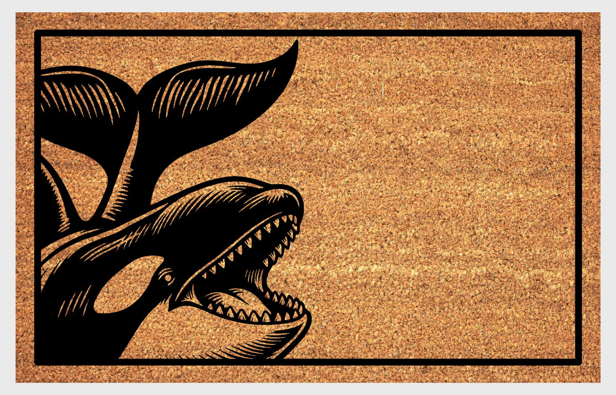 Orca Whale Peeking Doormat #1, flat view of the bold Killer Whale illustration with visible teeth and raised tail flukes on natural coir.