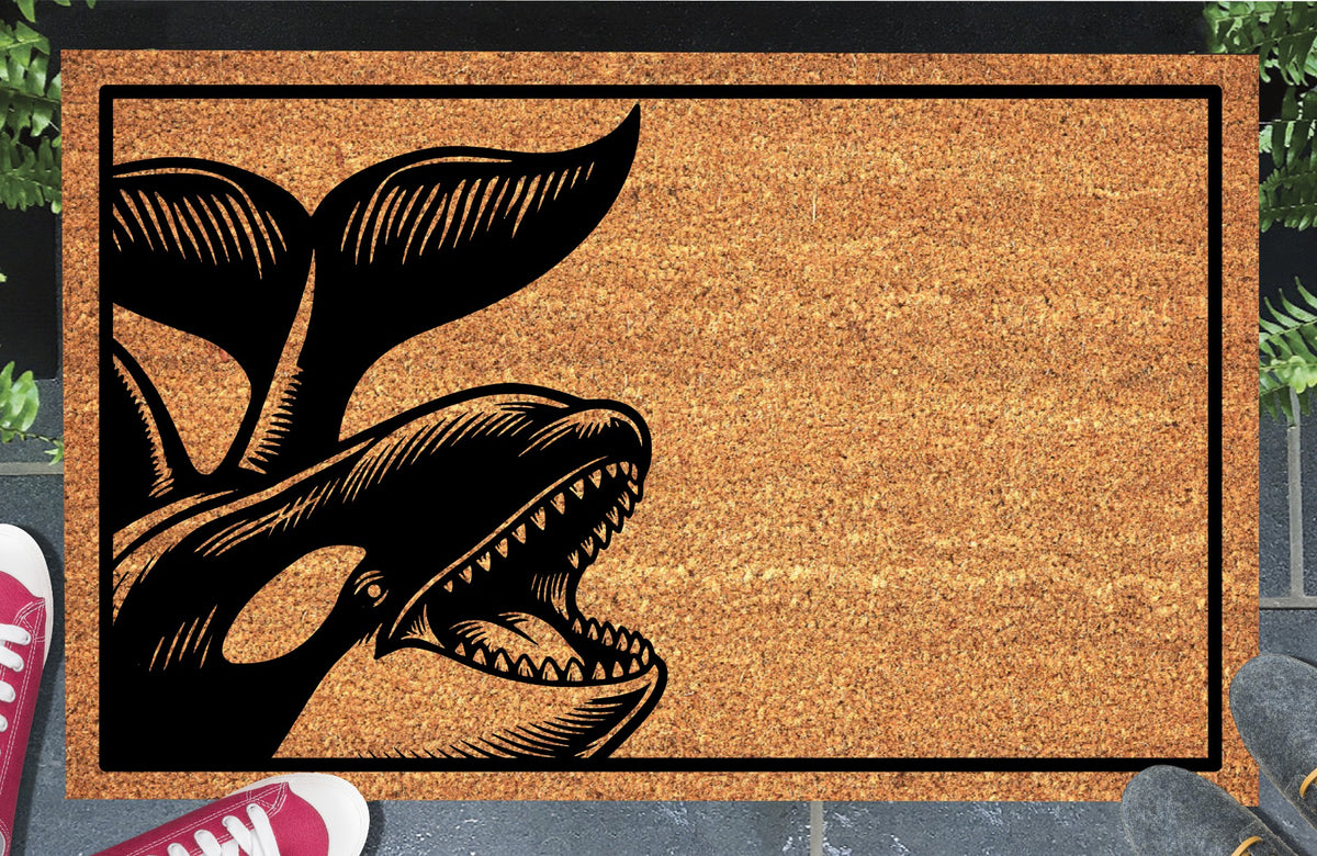 Orca Whale Peeking Doormat #1, open-mouthed Killer Whale and raised tail flukes inside a black border, natural coir mat styled at an entryway.