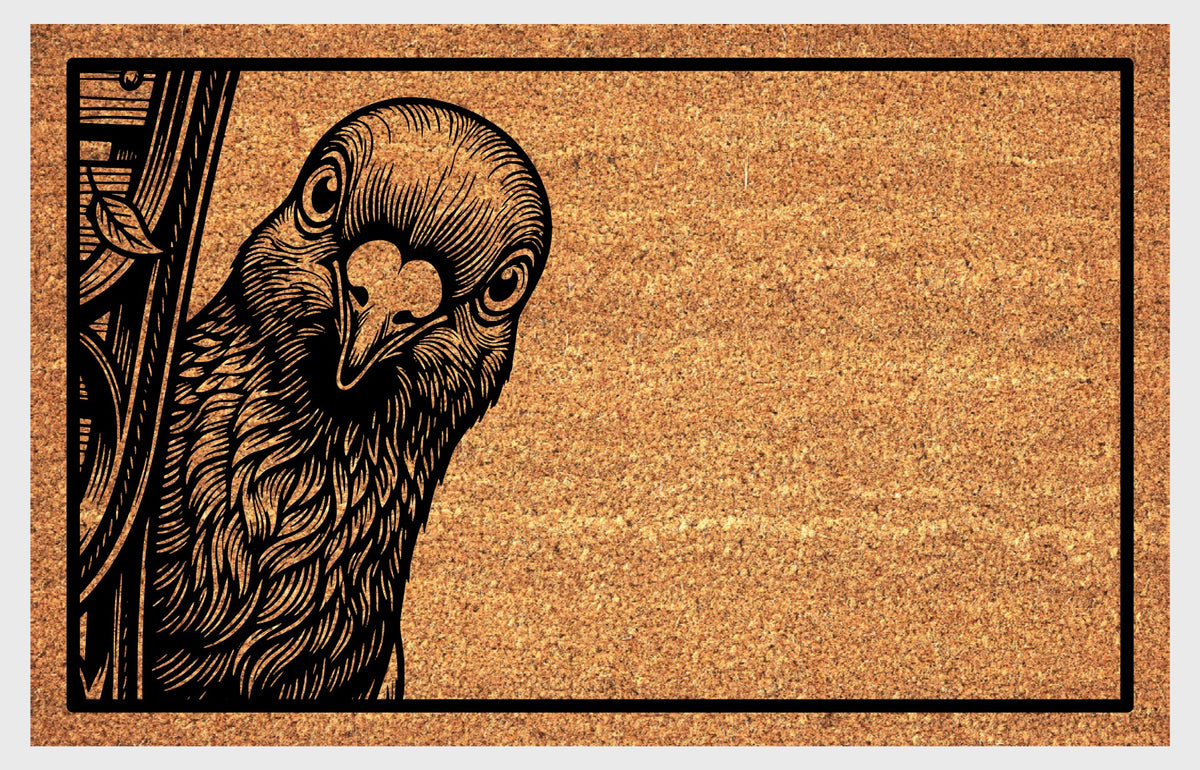 Close-up of a natural coir doormat with a detailed Rock Dove peeking from the left edge beside a decorative panel.