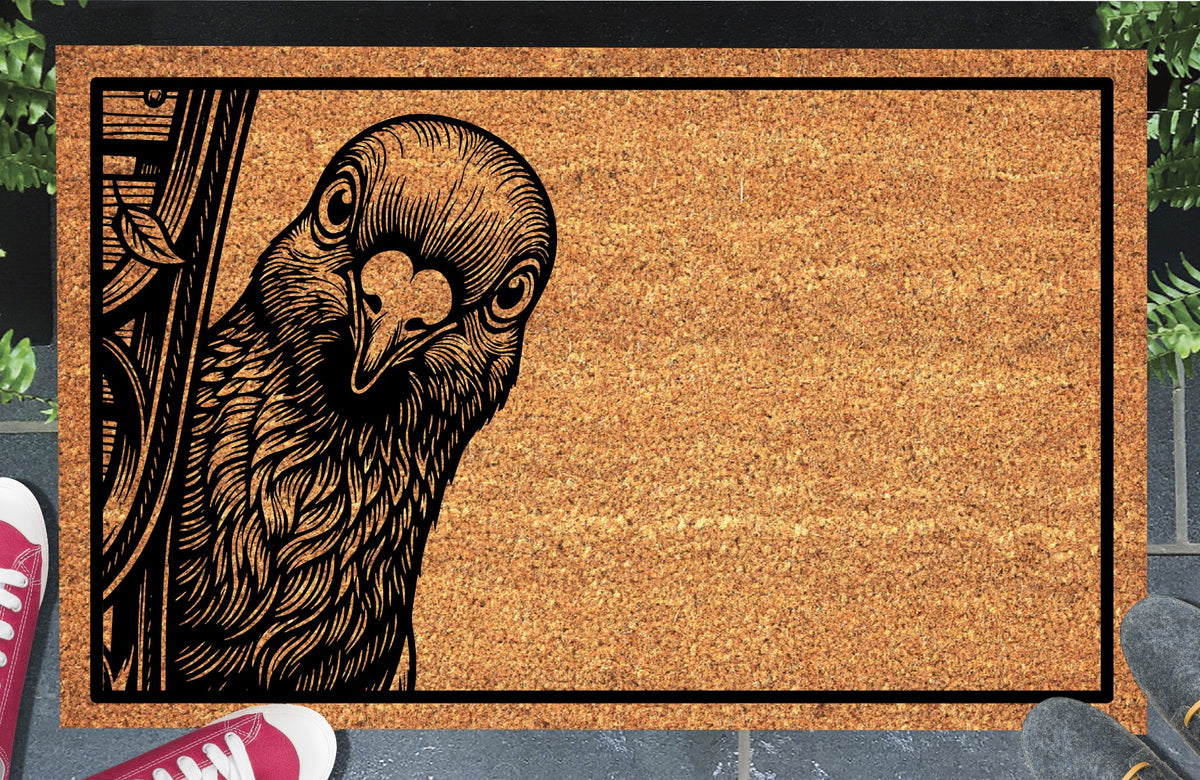 Pigeon peeking from the left edge of a natural coir doormat with a black border, shown at an entryway.