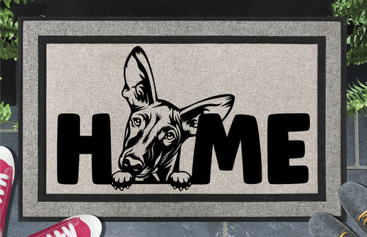 Podenco all-weather doormat — Podenco illustration replaces the letter O in HOME, woven polyester linen-look finish, 18x30"