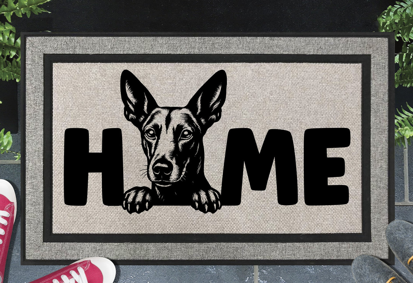Podenco all-weather doormat #6 — Podenco illustration replaces the letter O in HOME, woven polyester linen-look finish, 18x30"