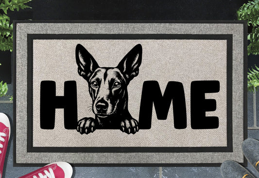 Podenco all-weather doormat #6 — Podenco illustration replaces the letter O in HOME, woven polyester linen-look finish, 18x30"