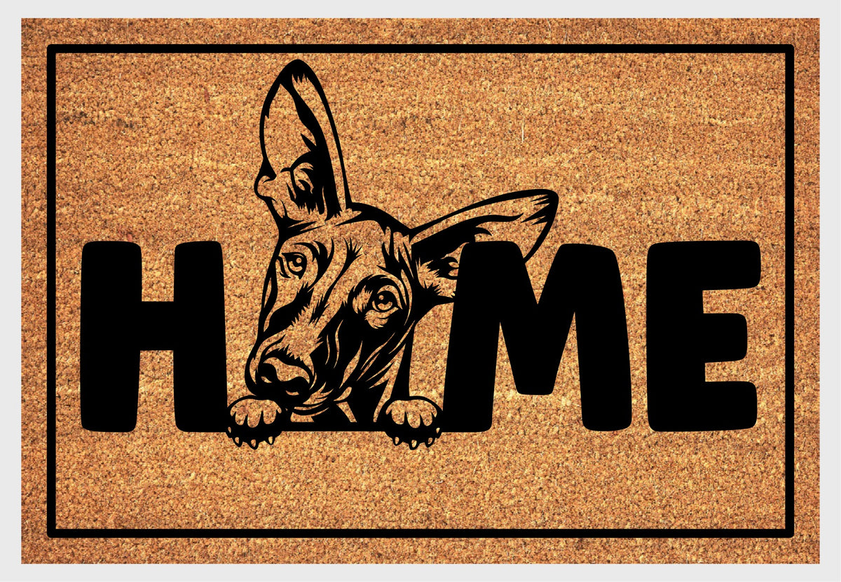 Podenco doormat — close-up of Podenco HOME design on natural coconut coir, non-slip backing