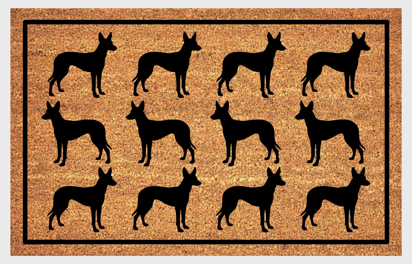 Podenco Parade coir doormat — rows of Podenco silhouettes with large upright ears and lean athletic frame in a repeating pattern on a natural coir mat with black border