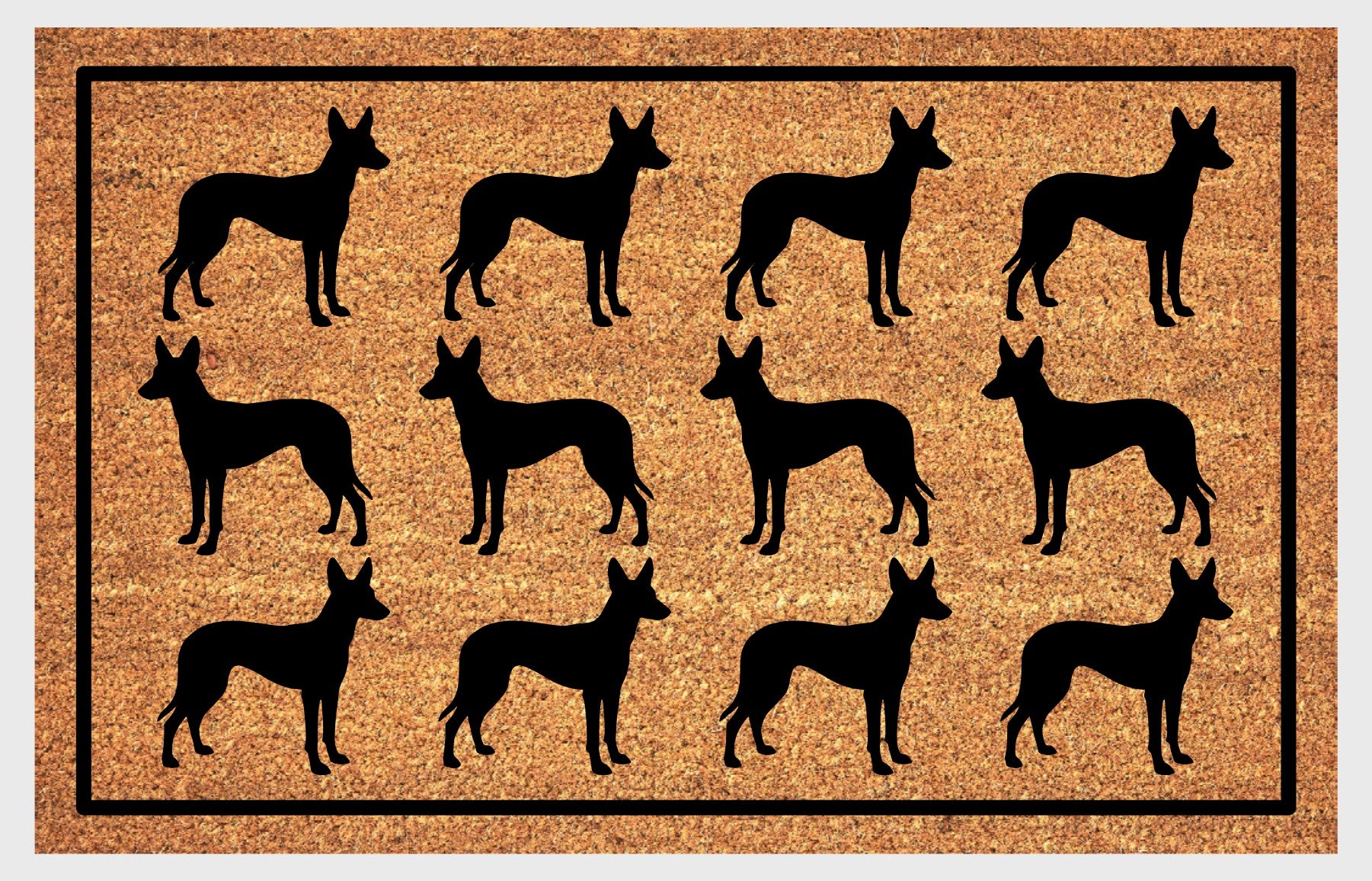 Podenco Parade coir doormat — rows of Podenco silhouettes with large upright ears and lean athletic frame in a repeating pattern on a natural coir mat with black border