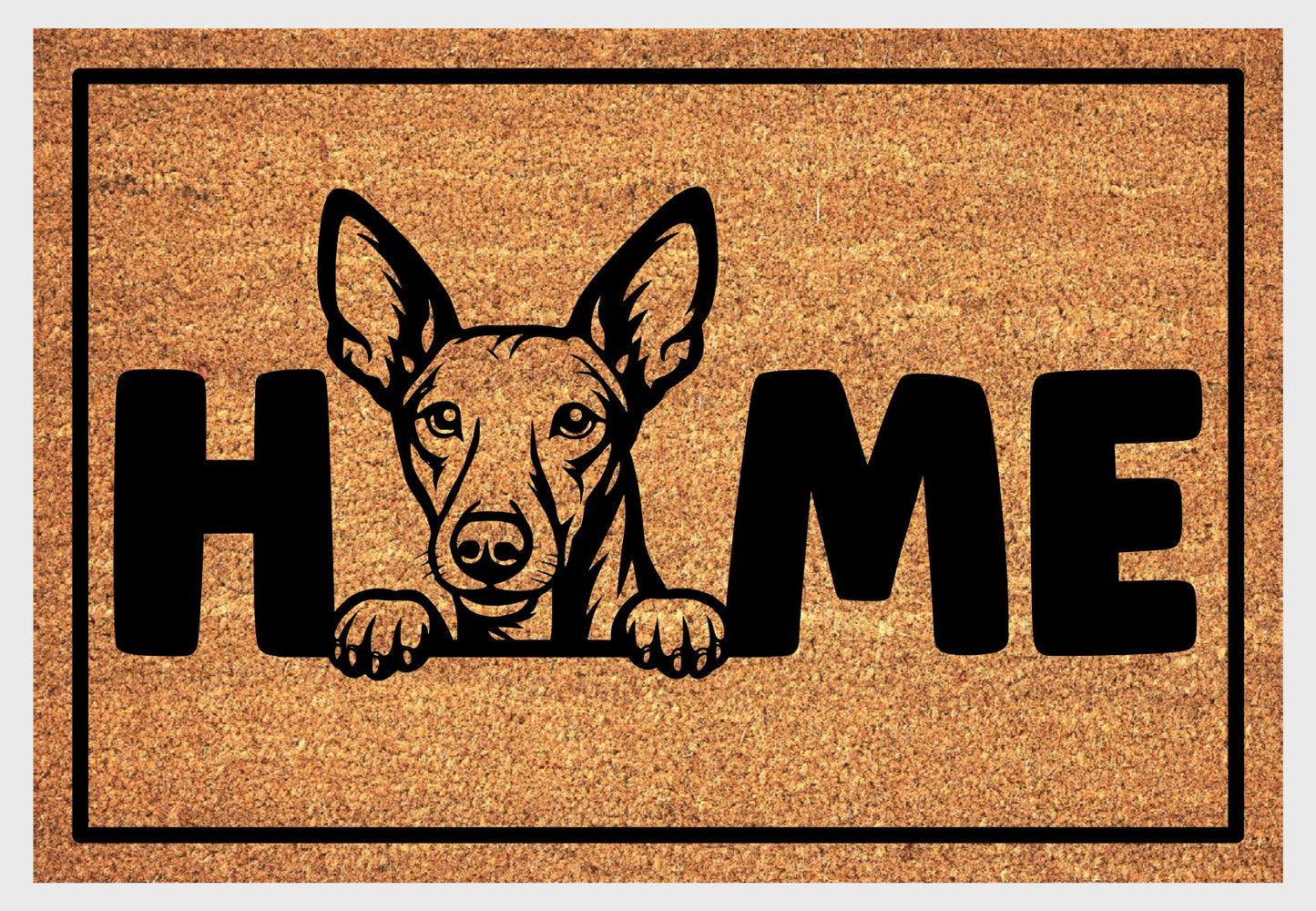Podenco coir doormat #2 — close-up of Podenco HOME design on natural coconut coir, non-slip backing
