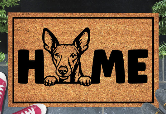 Podenco coir doormat #2 — Podenco illustration replaces the letter O in HOME, natural coconut coir, 18x30"